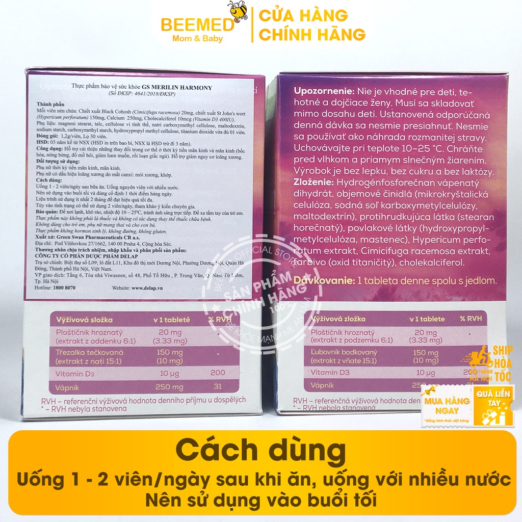 GS Merilin bổ sung nội tiết tố cho phụ nữ thời tiền mãn kinh, phòng loãng xương Hộp 30v nhập khẩu Châu Âu GSmerilin