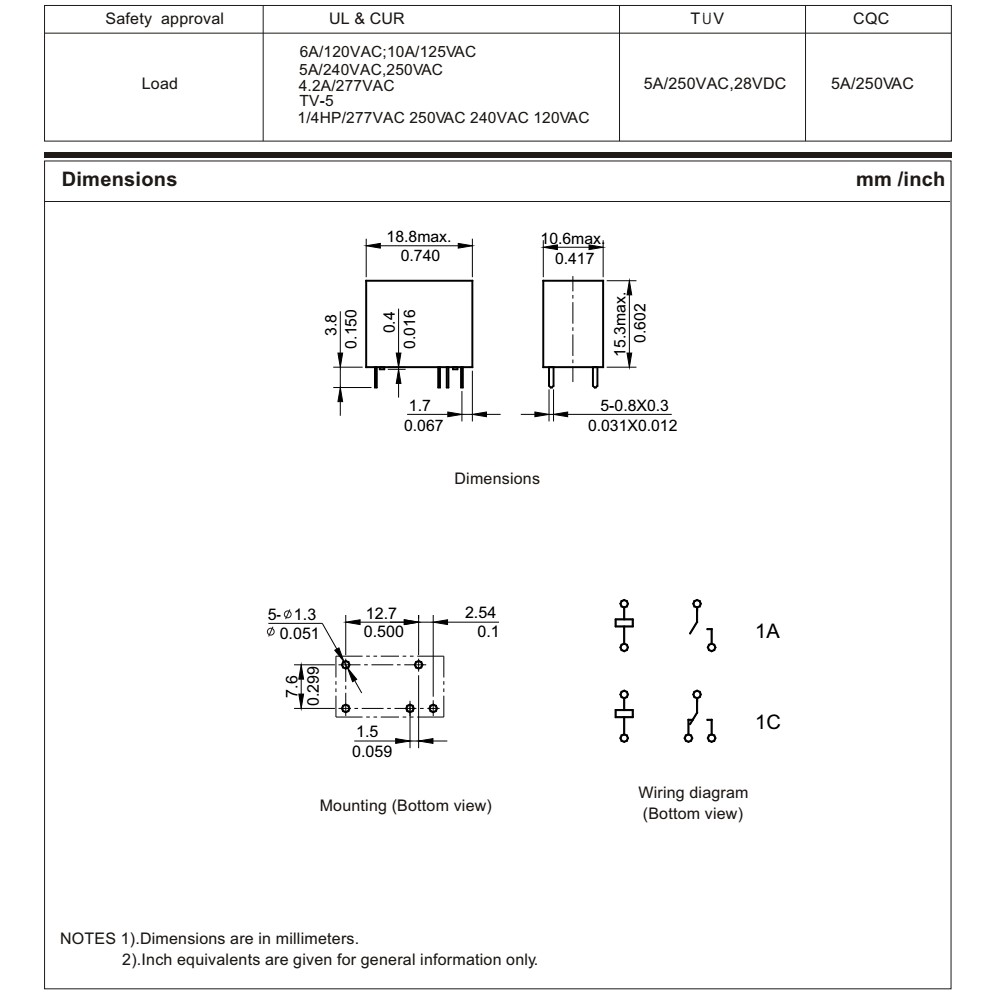 Relay 5v JZC-32F-005-HS3, 4 chân, dòng tải 5A.