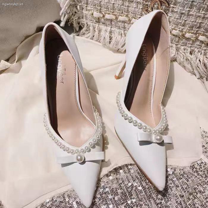 ✴❁2021 new pearl high heels women s French stiletto shallow pointed toe single shoes bow knot white wedding