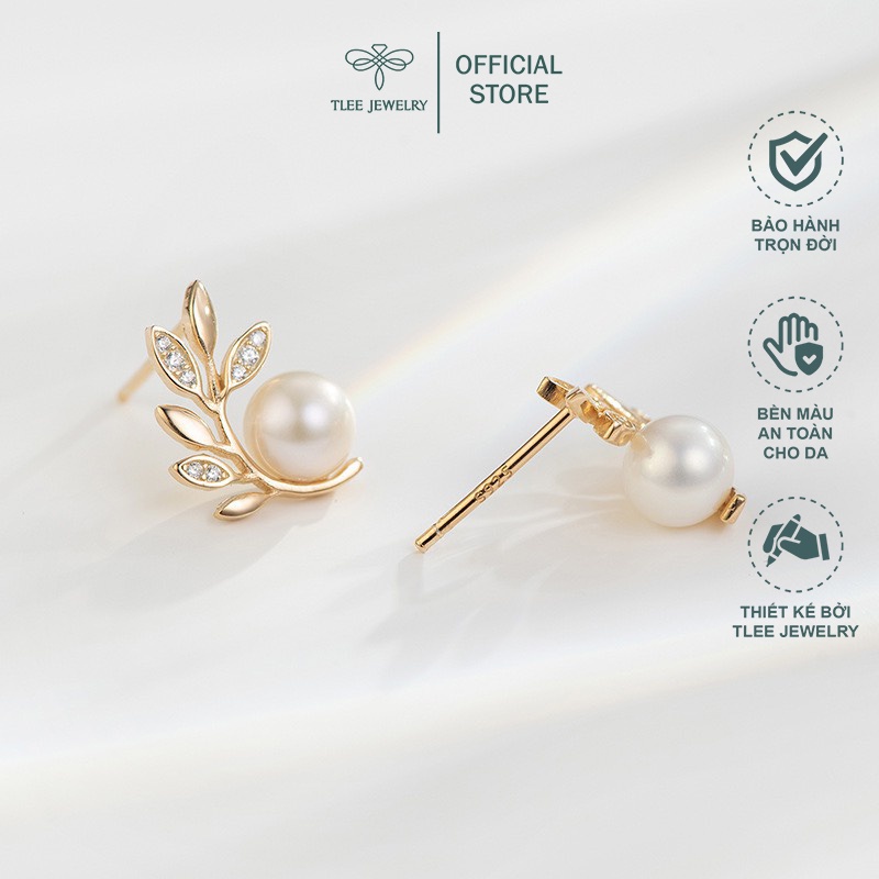 Khuyên tai bạc nữ TLEE Lá Oliu nạm đá ôm ngọc trai nhân tạo sang trọng TleeJewelry B0111