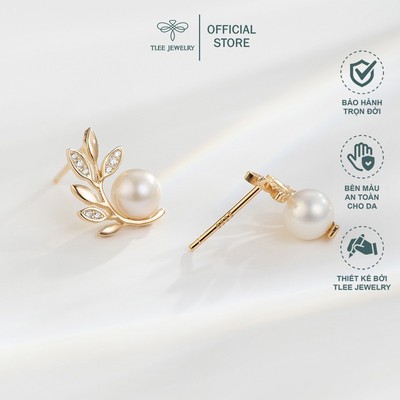 Khuyên tai bạc nữ TLEE Lá Oliu nạm đá ôm ngọc trai nhân tạo sang trọng TLEE JEWELRY B0111