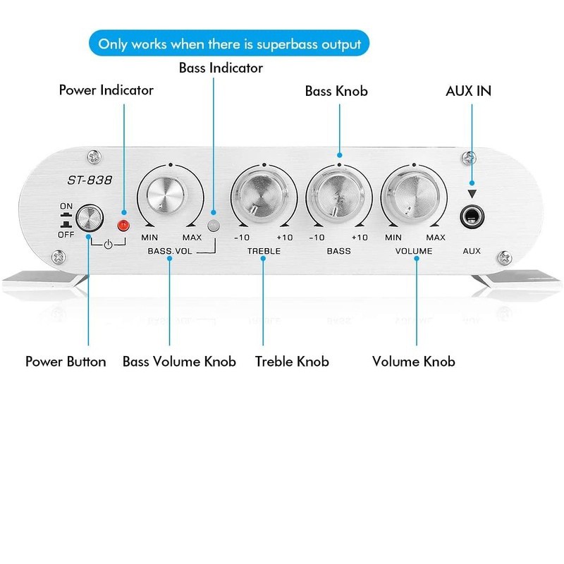 Ampli Mini Công Suất ST-838 12V Hi-Fi 2.1 Dùng Cho Xe Ô Tô, Xe Máy, Âm Thanh Gia Đình