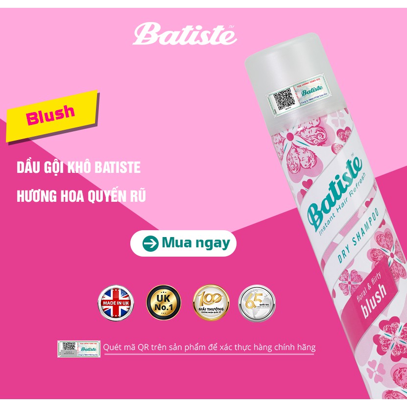 [QUÀ TẶNG 0Đ] Dầu Gội Khô Batiste Hương Hoa Quyến Rũ - Batiste Dry Shampoo Floral & Flirty Blush 200ml