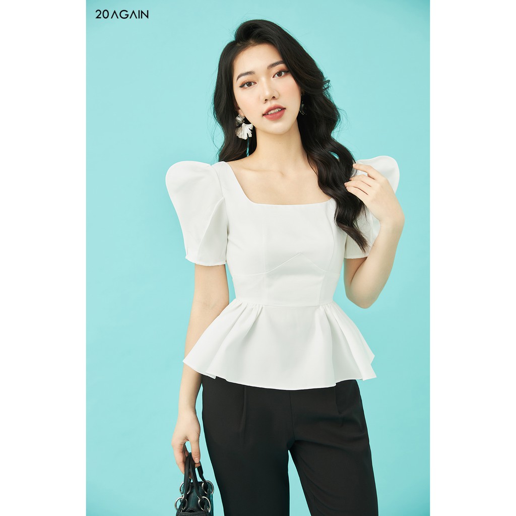 [Mã WABR20AG15 giảm 10% đơn 99K] Áo sơ mi nữ cổ vuông tay bồng 20AGAIN, thiết kế dáng peplum, tôn dáng ASA0638