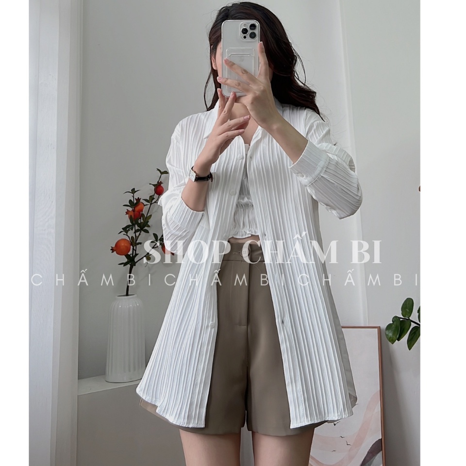 Áo kiểu nữ cách điệu A.332, Set áo sơ mi gân mỏng khoác ngoài cùng áo hai dây bo chun nhún tầng cực xinh - Shop Chấm Bi