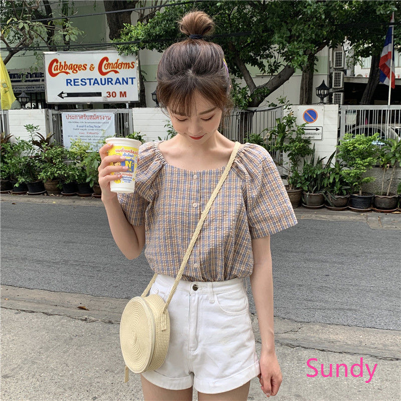 Áo Sơ Mi Ngắn Tay Họa Tiết Caro Xinh Xắn Theo Phong Cách Hàn Quốc Dành Cho Nữ