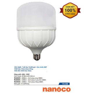 Bóng led bulb trụ e27 nanoco 40w - nlb403, nlb404, nlb406