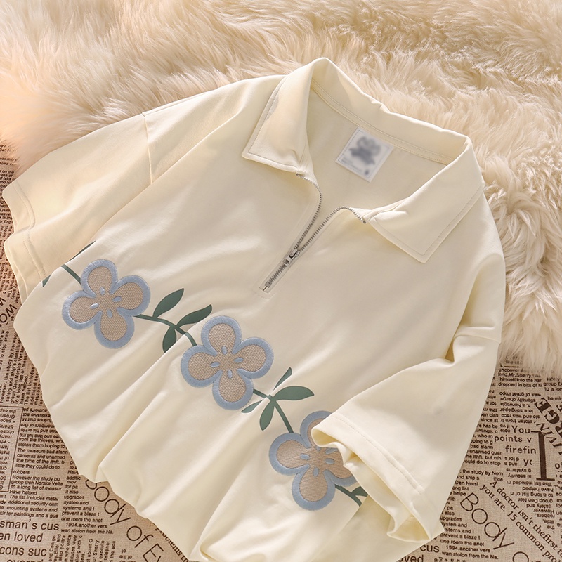 NUZIRO  Set Áo Thun Tay Ngắn Có Khóa Kéo + Quần Dài Thêu Họa Tiết Hoa Thời Trang Công Sở Cho Nữ