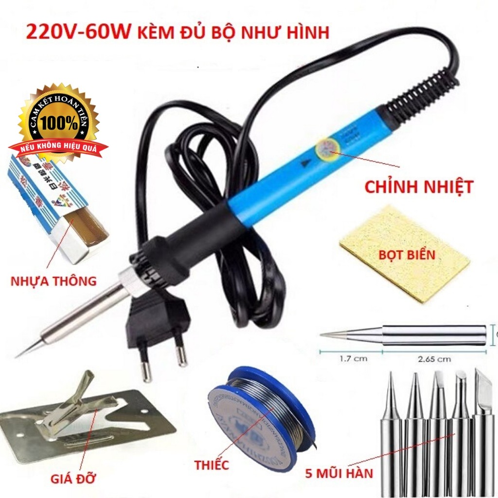 Mỏ hàn chì - Mỏ hàn thiếc 60w có chỉnh nhiệt độ , tặng 5 đầu hàn , cuộn thiếc , nhựa thông và phụ kiện