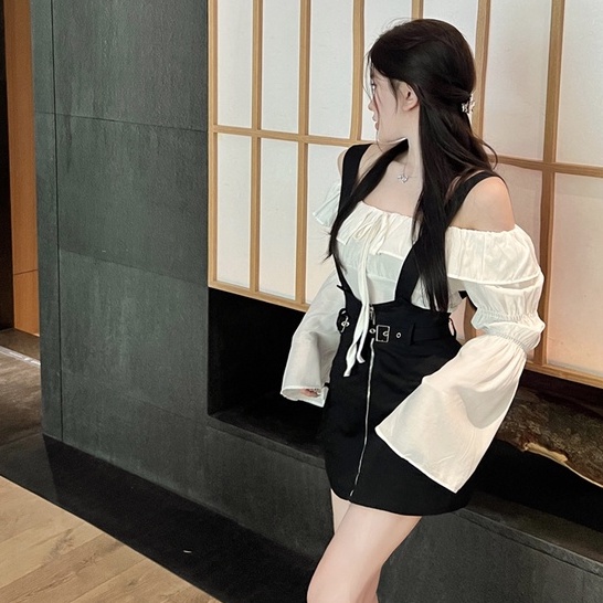 Set Áo Trễ Vai Dài Tay + Chân Váy Yếm Lưng Cao Thời Trang Hàn Cho Nữ
