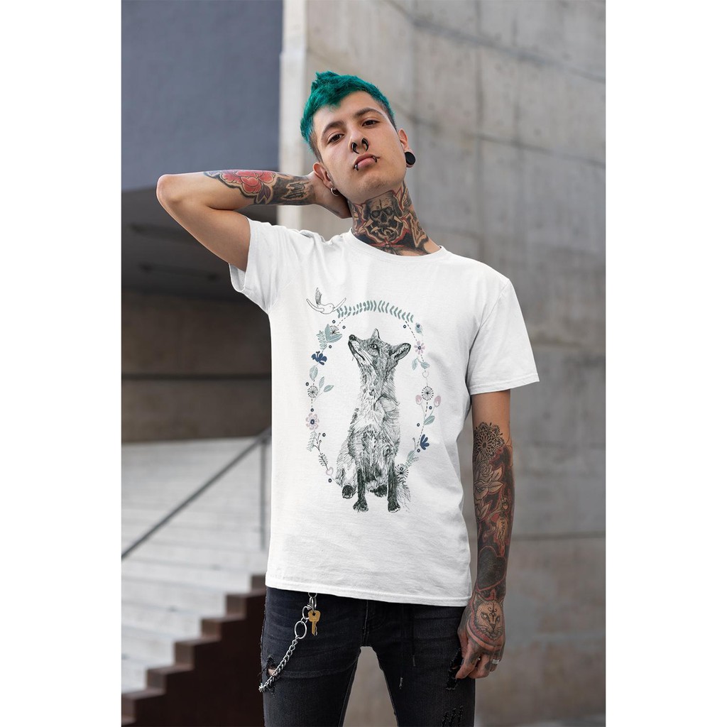 Áo thun Nam in hình cáo và hoa cỏ mùa xuân - Cotton Thun Phong Cách Cá Tính - Cực Chất Và Đẹp