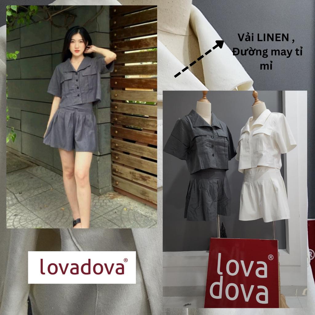 Set Đồ Nữ, Ngắn Tay, Cách Điệu Áo Vest, Quần Có Khóa Kéo Sau, Màu Xanh / Xám - Lovadova 22D04C002