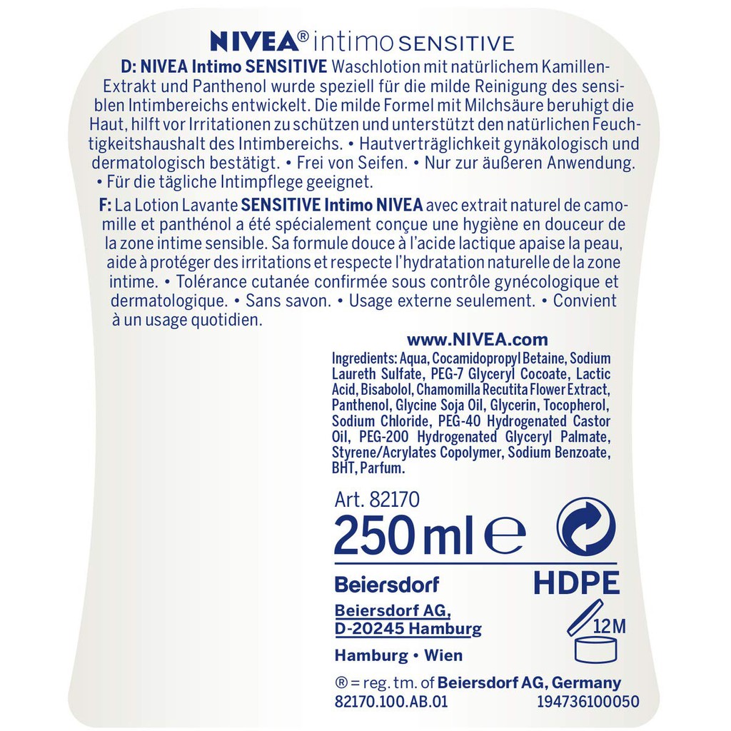 [Nhập Đức] Dung dịch vệ sinh phụ nữ Nivea Intimo Wash Lotion Sensitive