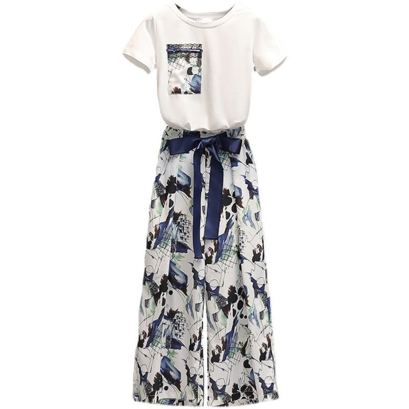 Set áo thun và quần dài lưng cao ống rộng thời trang xuân hè 2022 dành cho nữ