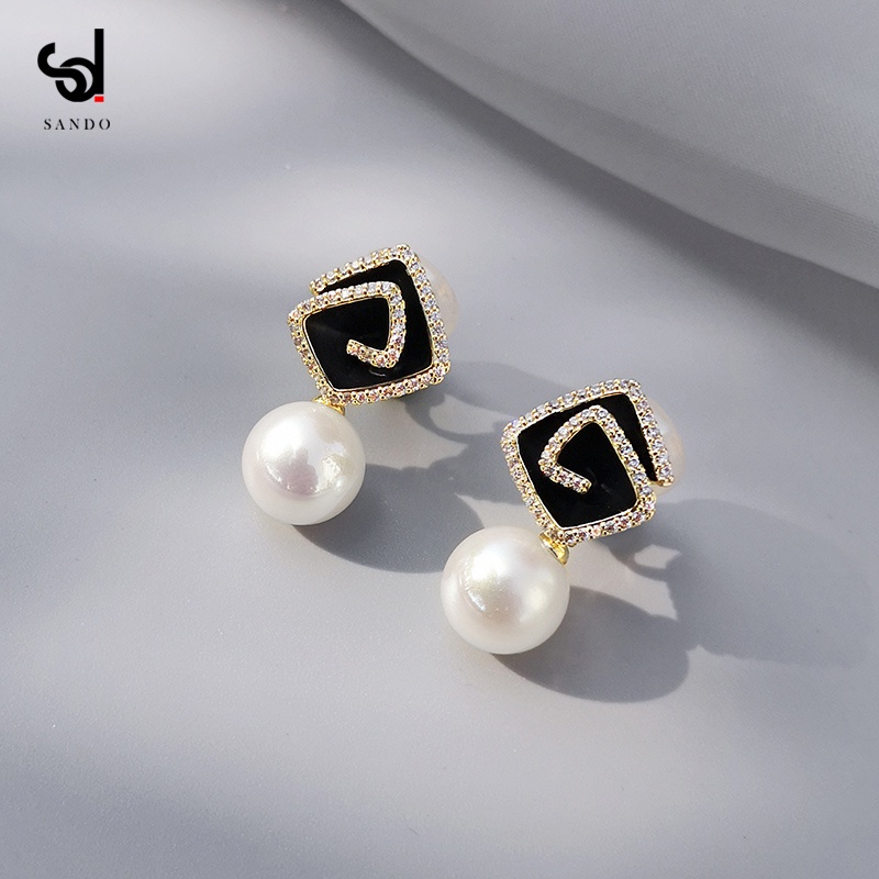 Khuyên Tai Hình Bông Hoa Màu Đen Đính Ngọc Trai Nhân Tạo Thời Trang Hàn Quốc 2022