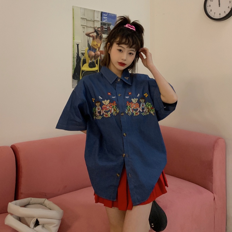 Áo Sơ Mi Denim Tay Ngắn Hoạ Tiết Thêu Thiết Kế Oversized Phong Cách Hàn Quốc