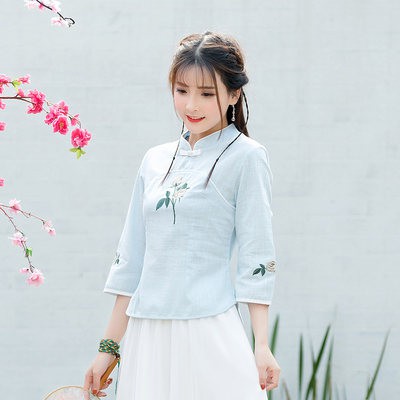 Áo Sườn Xám phong cách cổ điển cho phụ nữ, áo len sợi bông và vải lanh cổ đứng mùa xuân, áo dệt may cải tiến Hanfu, tay 