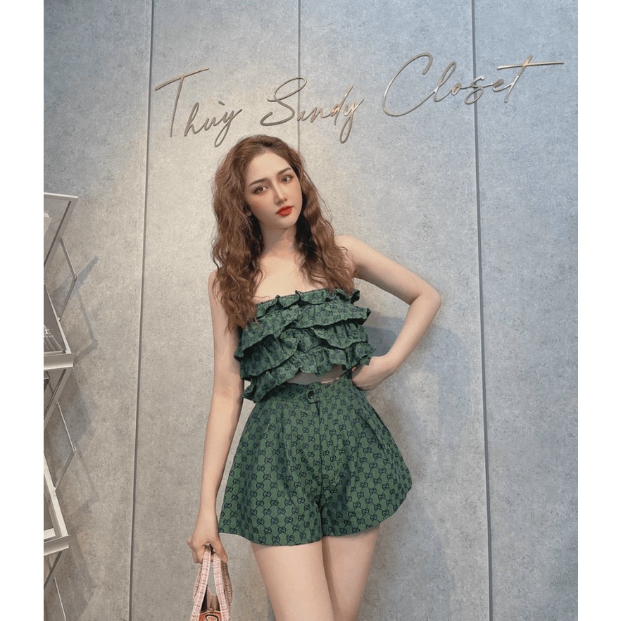 Sét Bộ Đi Chơi 2 Món Áo Tầng Bèo 2 Dây Bản To Kết Hợp Quần Đùi Ống Rộng Chất Kaki Phối Khóa Màu Đồng Hot Trend NEW UNISE