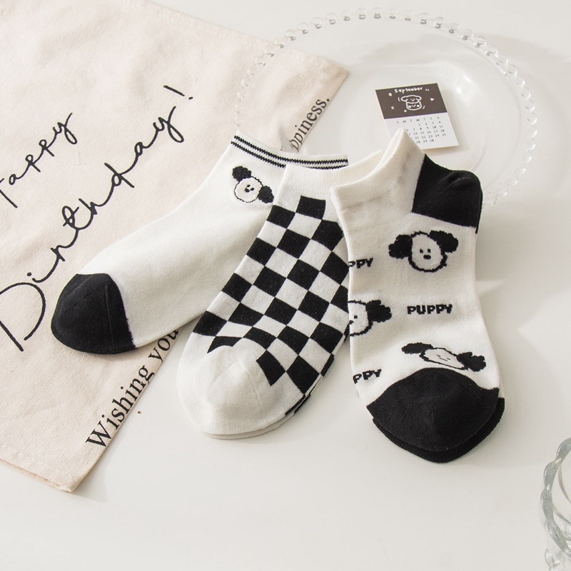 Set 3 đôi tất cổ thấp nữ Caramella hình dễ thương phong cách Hàn Quốc tặng kèm túi zip