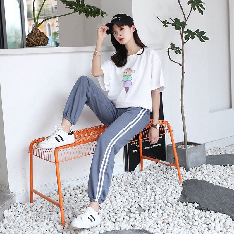 Set Quần Áo Nữ Unisex,Set Đồ Nữ Dạo Phố phong cách Thể Thao Jogger Line Phối Thun Unisex Kem Mèo 3 Màu