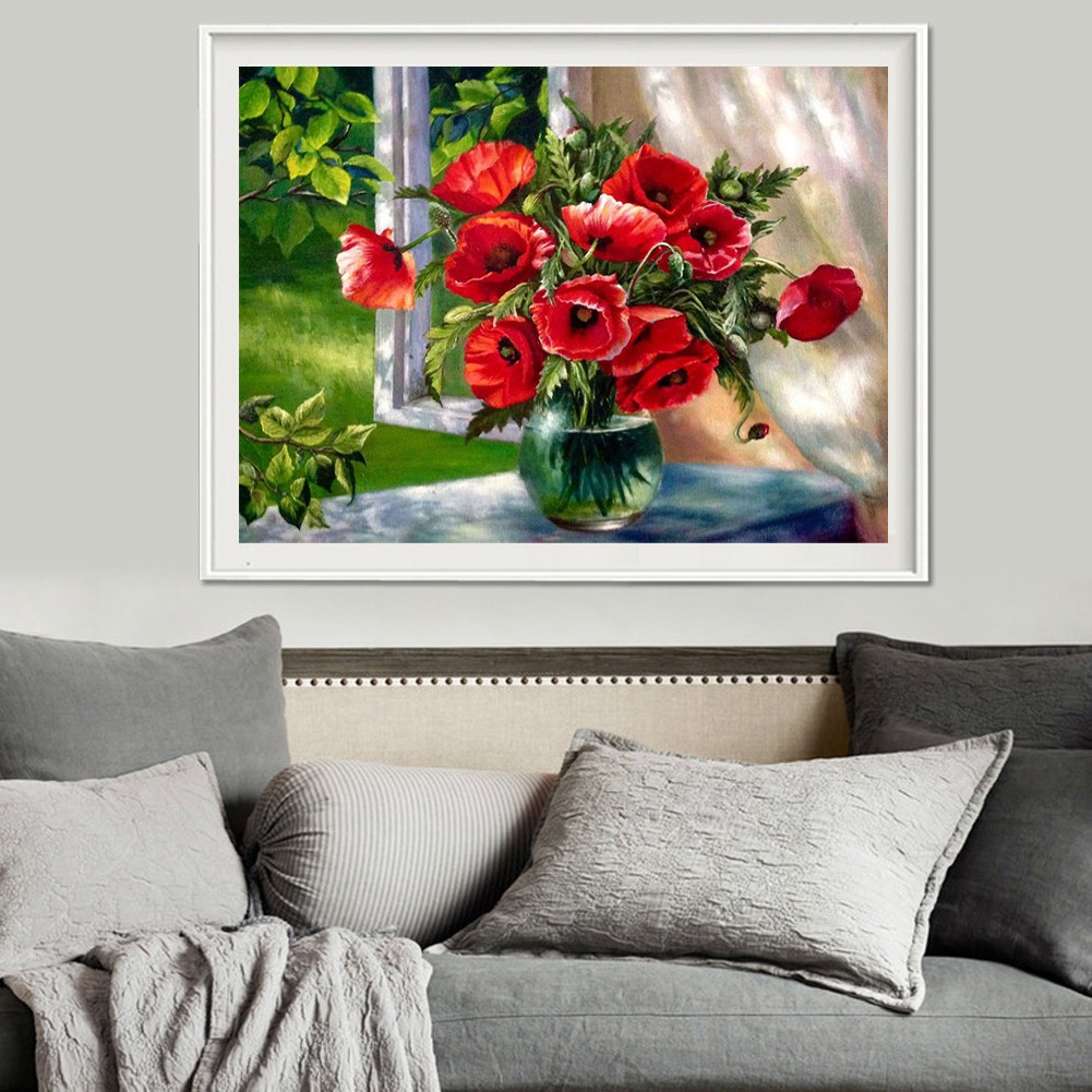 Bộ tự làm tranh đính đá 5D kích thước 40x30cm hình lọ hoa đỏ trang trí | BigBuy360 - bigbuy360.vn