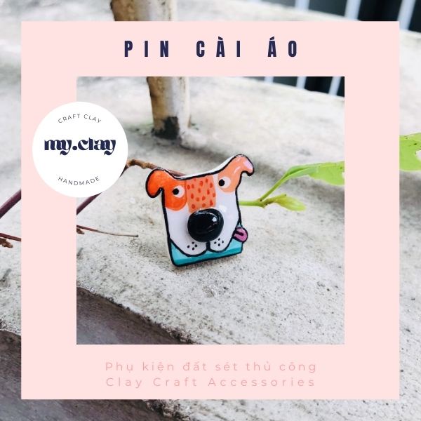 Ghim cài áo đất sét thủ công chó/cún mặt vuông phong cách vintage