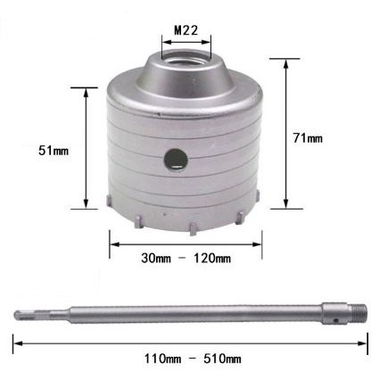 Mũi khoan rút lõi xuyên tường có mũi định tâm giảm lắc cán dài 30cm