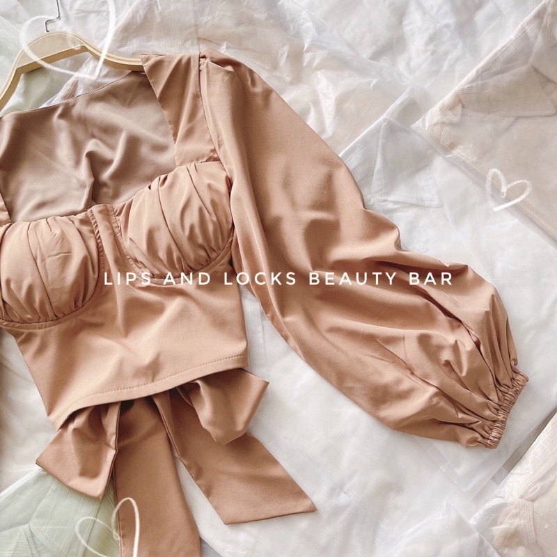 Áo Crop Nâu Cột Nơ Lưng Tay Phồng - Kèm Hình Thật