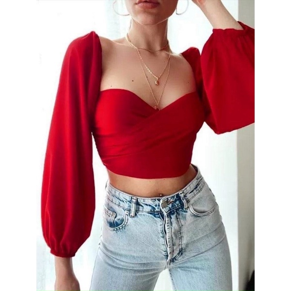 Áo croptop voan đắp chéo ngực tay dài