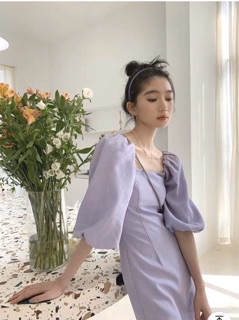 ĐẦM TÍM CỔ VUÔNG TAY PHỒNG (KÈM HÌNH THẬT)