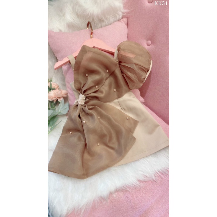 Đầm dây voan phối nơ cho bé gái mặc đi tiệc diện tết size 15-32kg hàng Thiết kế cao cấp