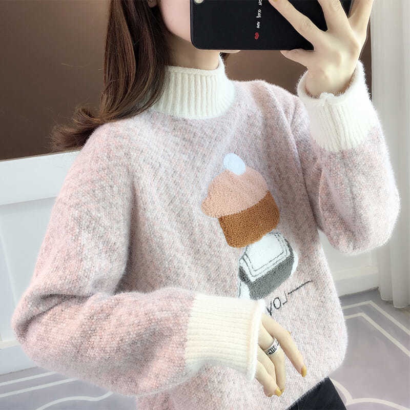 Áo Sweater Dệt Kim Cổ Lọ Tay Dài Dáng Rộng Dễ Thương Xinh Xắn Cho Nữ
