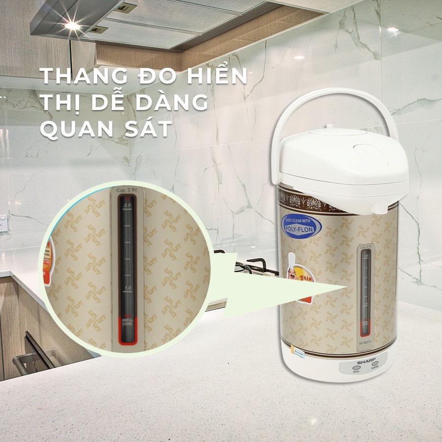 Bình Thủy Điện Inox Sharp KP-30STV 100 độ Đun Nước Nóng Giữ Nhiệt Công Suất 670W Dung Tích 2.9L