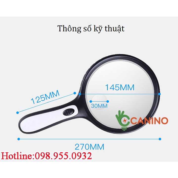Kính lúp cầm tay phóng đại 5x-10x thấu kính to 145mm có đèn led chiếu sáng hỗ trợ soi vi mạch, đọc báo