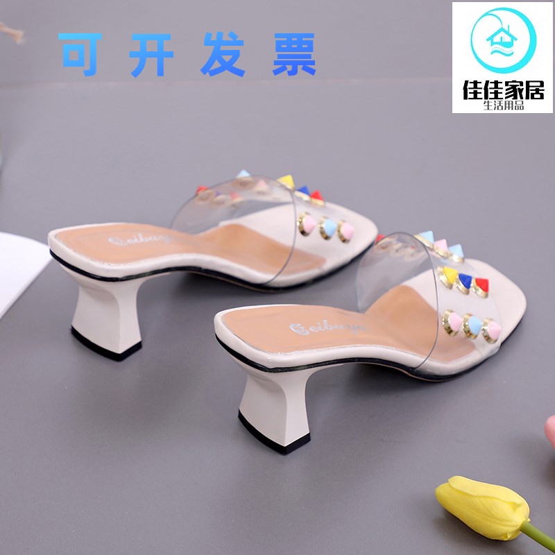 ♤¤☑Slippers Women s Summer Outing Wear Personality Korean Open-toed Transparent One-Piece Drag All-match Willow Nail High Heels Thick Heel Sandals