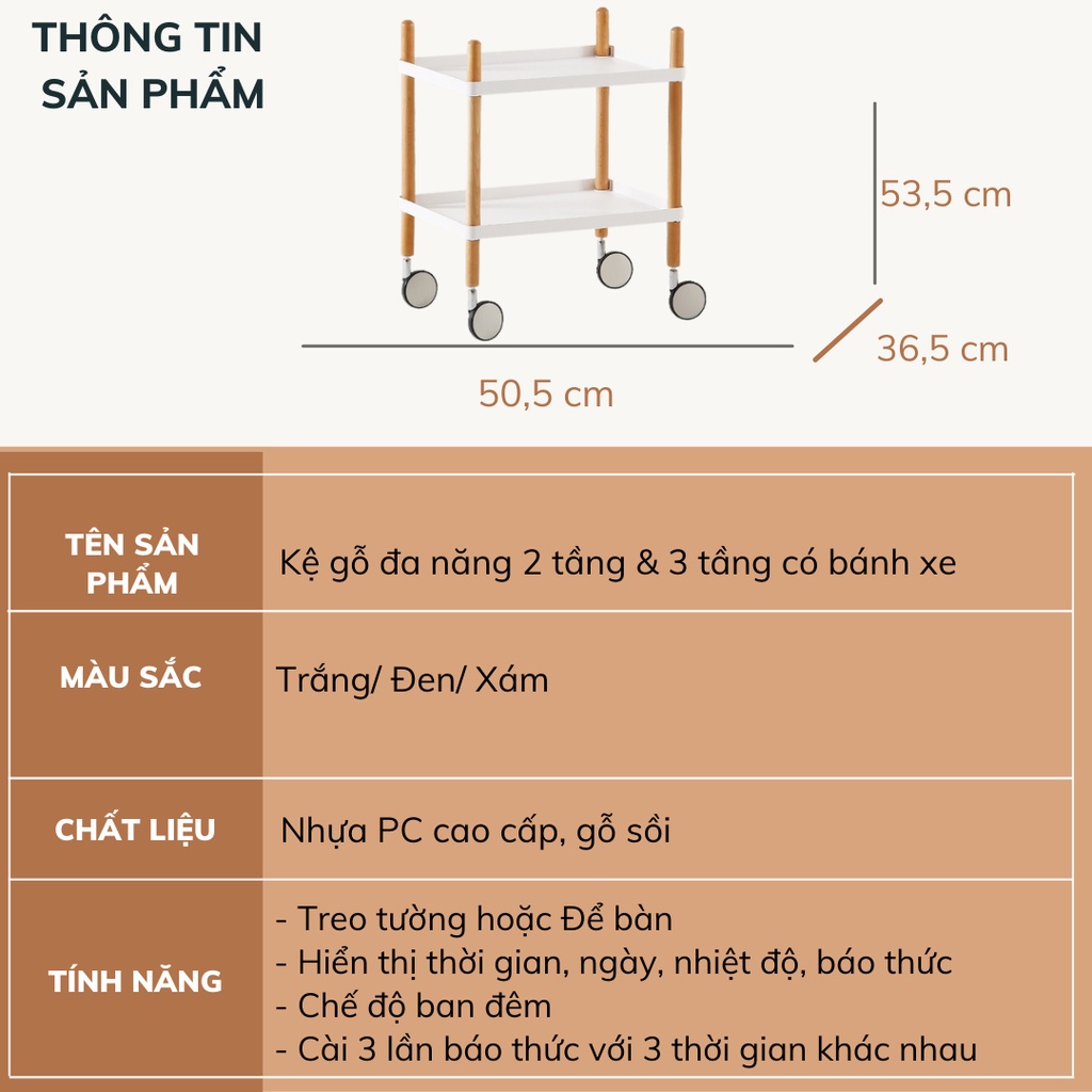 Kệ gỗ đa năng 2 tầng có bánh xe hợp kim DECOSA