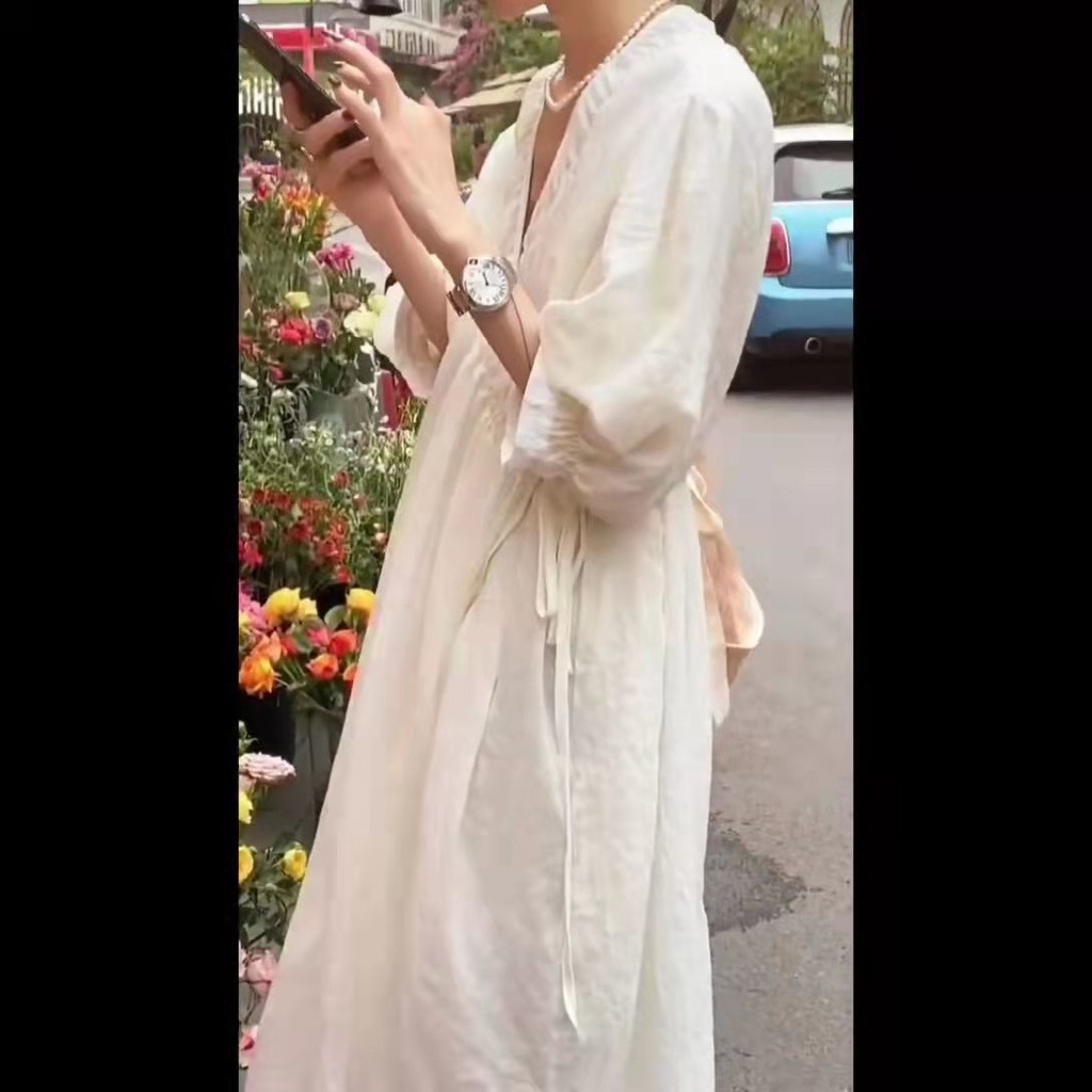 Đầm Chữ A Tay Phồng Cổ Chữ V Cột Dây Đơn Giản Thời Trang Hàn Quốc Cho Nữ