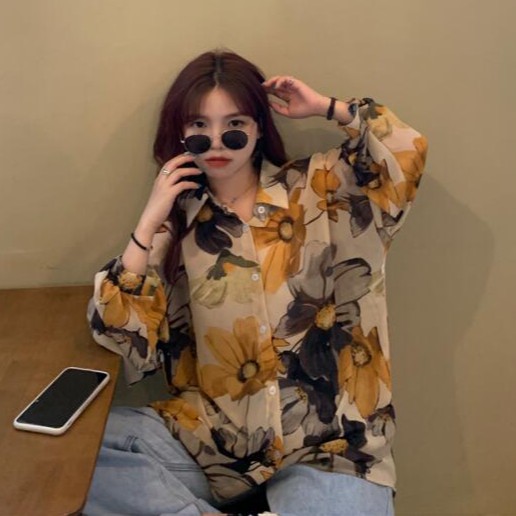 Áo sơ mi chiffon unisex tay ngắn in hoa thời trang | BigBuy360 - bigbuy360.vn