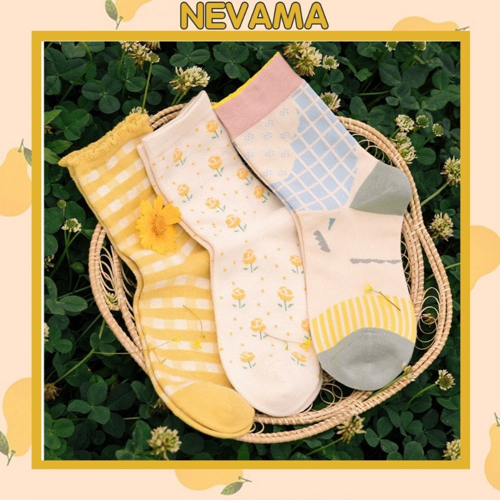 Set 3 đôi Vớ tất nữ Nevama cotton dày dặn vintage ngọt ngào xinh xắn TN112