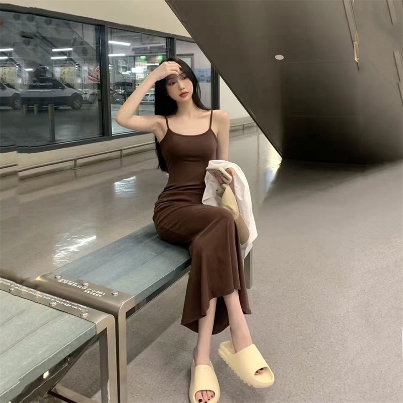 Đầm Body Nữ Dáng Dài Đuôi Cá Len Tăm, Váy ôm body sexy Hai Dây 3 Màu tôn dáng cực đỉnh