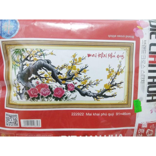 Tranh thêu chữ thập mai khai phú quý
