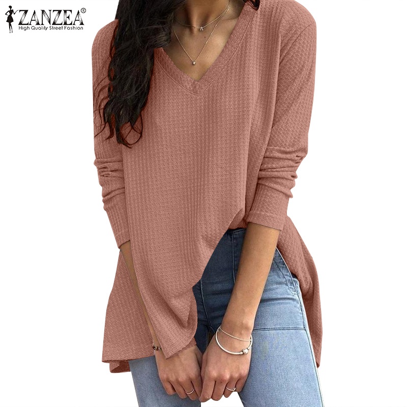 Áo kiểu ZANZEA dáng rộng cổ V dài tay thời trang vintage Châu Âu nữ tính