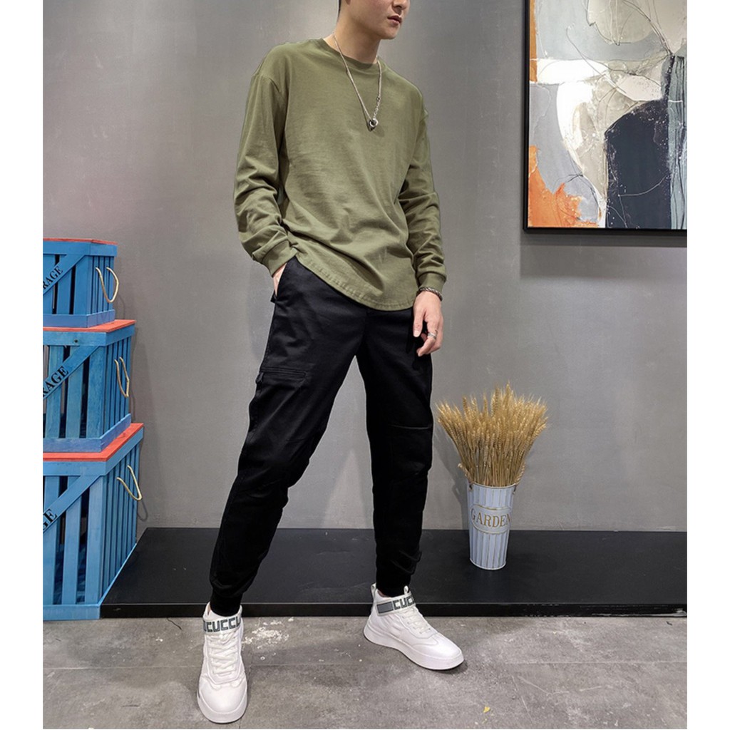 Áo sweater Tay Dài Basic Vạt Bầu Chất Cotton - Co Giãn - Mềm Mại - Màu Xanh Rêu