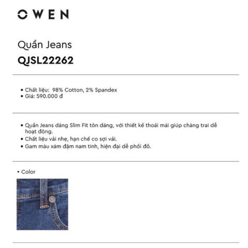 Quần Jean Nam Owen Quần Bò Nam QJSL22262 Màu Xanh Jean Đậm Kiểu Dáng Slim Fit