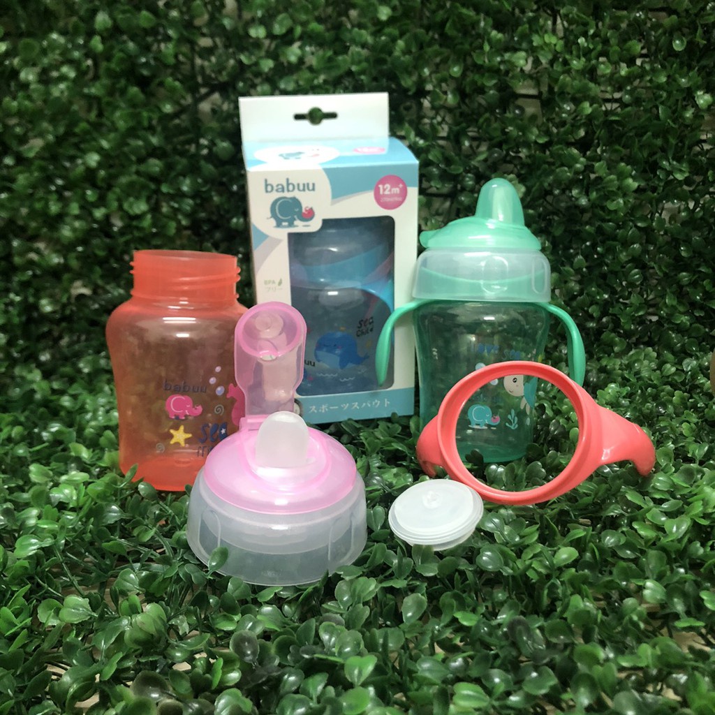 Bình tập uống nước đầu hút silicon mỏ vịt có tay cầm Babuu Nhật Bản 240ml bình nước cho bé đi học Homedy Kids BN09