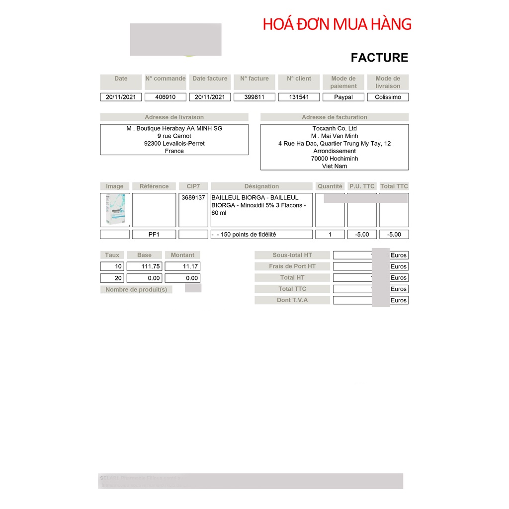 Tinh chất bôi tóc Bailleul 5% cho nam, ngăn rụng hói và mọc tóc, râu, mày