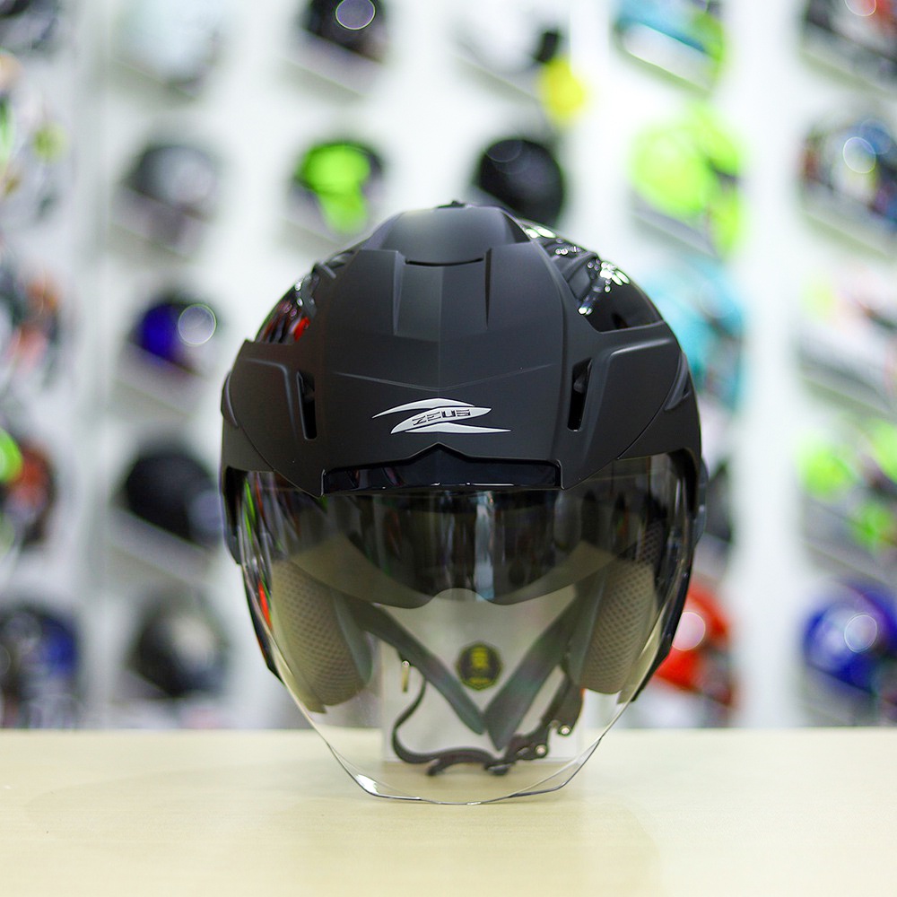 Mũ 3/4 2 Kính Zeus 613B Đen Bóng Tặng Kèm Mái Che Có Thể Tháo Rời