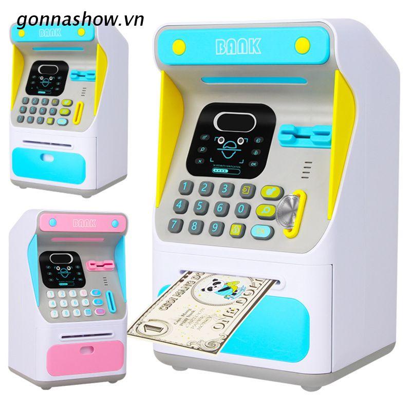 Hộp đựng tiền tiết kiệm hình ATM mini có khóa điện tử nhận dạng khuôn mặt tự động cuộn tiền giấy và tiền xu cho trẻ em