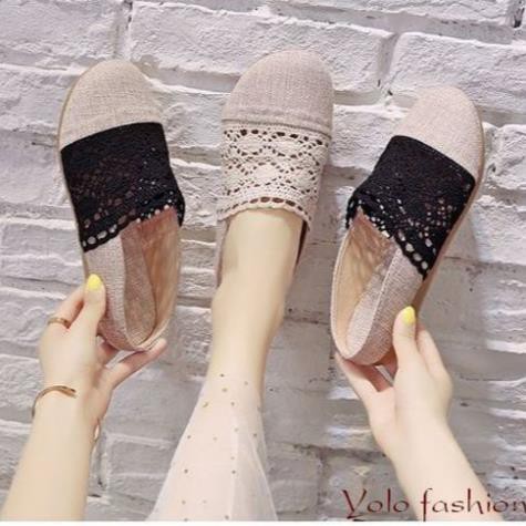 GL8 Giày lười slip on nữ phối ren vintage thời trang kèm hình thật