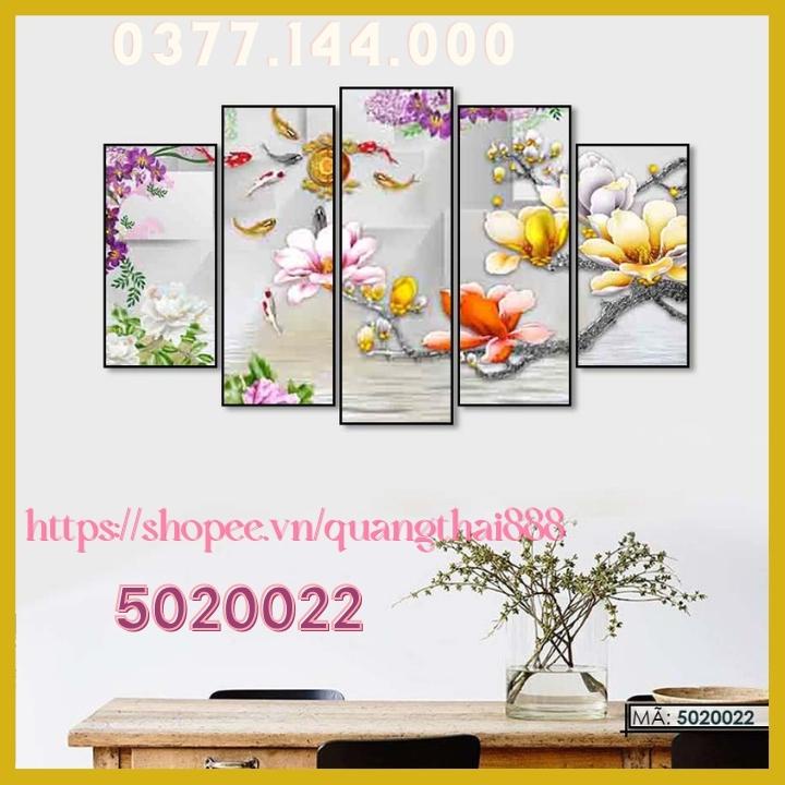 Bộ 5 Tấm Tranh treo tường Phong Thủy Hoa Mẫu Đơn Cá Chép Cửu Ngư Quần Hội Tụ phòng khách trang trí nhà cửa 5020022